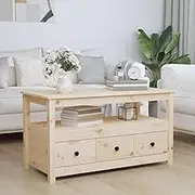Solid Wood Coffee Table with Storage for Living Room - Modern Pine Side Table with Open Shelf & Drawers - Farmhouse Style Center Tables