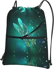 EdWal Galaxy Animal Dragonfly Print Drawstring Backpack Gym Bags Sports Bags With Zipper Pocket For Travel Beach, Black, One Size