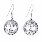 Dangle Earrings With Hooks Sterling Silver Round Tree Of Life 20 mm - Silverly