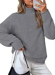 [ZESICA] Women's Turtleneck Batwing Sleeve Loose Oversized Chunky Knitted Pullover Sweater Jumper Tops, Grey2, Small