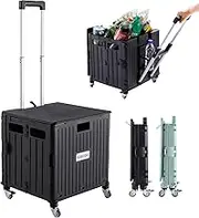 Oimzzr Folding Utility Cart Portable Rolling Crate Handcart Shopping Trolley Collapsible Tool Box, with Lid, on 4 Rotate Wheels, for Grocery, Shopping, Office, Teacher, Camp(Black)
