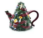 The Cellar O'Tannenbaum Ceramic Christmas Tree Teapot Red Ribbon NEW 1994
