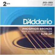 D'Addario 2 Pack EJ Phosphor Bronze Acoustic Guitar Strings EJ16-2D Light 12-53