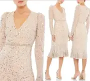 MAC DUGGAL SEQUIN DRESS WITH EMBELISHED HEMLINE NUDE SILVER SZ 10 10740
