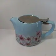 Ceramic Teapot With Stainless Steel Lid & Strainer Blue - Pink Floral 18 Oz