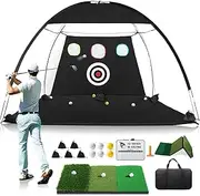 10x7FT Golf Net with Foldable Tri-Turf Practice Mat, All-in-1 Golf Hitting Aid with Scoreboard & Target, Chipping Training Nets for Backyard Driving, Ideal Gifts for Men Dad Husband Boys