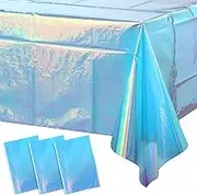3 Pack Iridescent Blue Plastic Tablecloth, Shiny Blue Disposable Laser Rectangle Table Covers, Foil Tablecloth Party Decorations for Birthday Bridal Wedding Christmas, 40x108 Inch