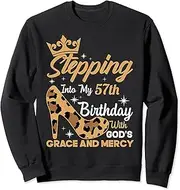 [X.Style] Stepping Into My 57th Birthday with Gods Grace Leopard Women Sweatshirt ds1290 Sweater (2XL) Black