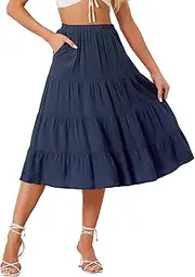 [Allegra K] Women's Midi Skirts Flare Tiered Pleated Boho Solid Elastic Waist Long A-Line Skirt with Pockets