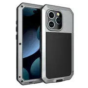 For iPhone 15 Pro Max Anti-drop Phone Case Silicone+PC+Metal Cover with Tempered Glass Film