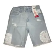 JORDACHE GIRL SZ 10 DENIM VTG STRAIGHT BERMUDA SHORTS wLACE PATCHES HI RISE NWT