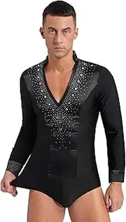[TiaoBug] Men's Shiny Rhinestones Figure Skating Dance Shirt Bodysuit Long Sleeve Ballroom Samba Latin Dance Top Leotard