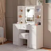 Vanity Desk with Mirror and Lights,Vanity Table and Stool with Drawers, LED Mirror Stepless Dimmable & 3 Color Modes Adjustable, White