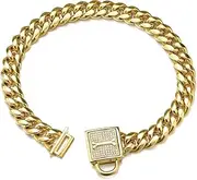 Aiyidi Gold Dog Chain Collar, 12MM Heavy Duty Cuban Chain Collar, 316L Stainless Steel Collar with Bling Zirconia Lock Luxury Dog Necklace, 8-24inch, Chew Proof Training Collar(20inch)