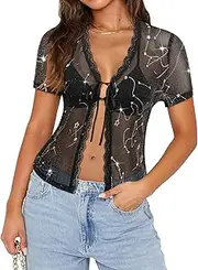 [FEMLE] Womens Sheer Mesh Tie Front Shrug Top Sexy Short Sleeve See Through Lace Bolero Shrugs Y2K Crop Cover Up