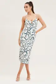 Print Linen Slip Midi Dress - Size 14, Women's Midi Dress
