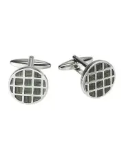 [Cudworth] Polished Rhodium Plated Round Cufflinks in Chequered Charcoal Enamel Inlay