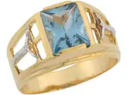 10k or 14k Two Tone Real Gold Simulated Aquamarine Cross Accent Mens Ring