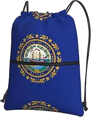 EdWal New Hampshire State Flag Print Drawstring Backpack Gym Bags Sports Bags With Zipper Pocket For Travel Swimming Beach, Black, One Size