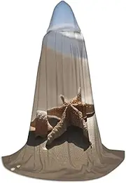 Starfish Seashell Sandy Beach Print Halloween Hooded Cloak Full Length Cape With Hood For Men And Women For Carnival
