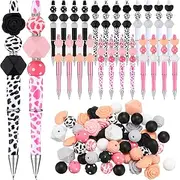 PerKoop 24 Pcs Plastic Beadable Pens with 96 Pcs Multicolor Assorted Silicone Beads 70 Spacer Beads Set DIY Bead Pens Black Ink Beaded Pens Ballpoint Pen for DIY Women Kids Gifts Craft (Cow Print)