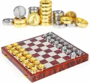 2in1 Luxury Metal Chess And Checkers Set - Foldable Wooden Board - Metal Pieces