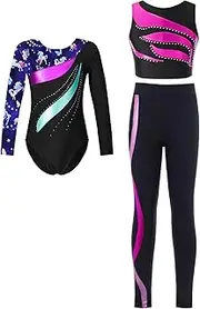 [iEFiEL] Girls Ballet Dance Unitard Crop Top and Gymnastic Leggings Set Tumbling Bodysuit Skating Jumpsuit