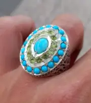 Original Turquoise with Peridot Stones Multi Stone Ring Heavy Sterling Frame 925