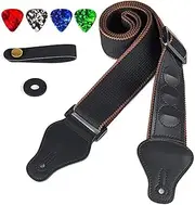 Guitar Strap,Includes 4 Guitar Picks + Strap Locks + Butto,Soft Cotton & Leather Ends Strap for Electric & Bass Guitars