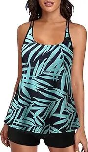 [Generic] Junior Swimsuit Plus Size Tropical Print Cyan Wide Strap Top Swimsuits for Women Two Piece Bathing Suits Long Torso Tank Tops with Boyshorts Plus Size Swim Tops for Women 3X