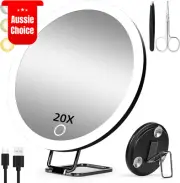 Suupvaor 20X Magnifying Mirror with Light 3 Suction Cups 360° Stand Rechargeable