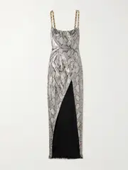[Balmain] Balmain - Chain-embellished Snake-print Metallic Coated Faux Leather Maxi Dress - Silver - FR 46 FR 46 Silver