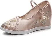 GHAKKE Women's Floral Embroidered Invisible Wedge Heels Shoes Chinese Traditional Hanfu Cheongsam Shoes Casual Ankle Strap Platform Walking Shoes(Champagne,6)
