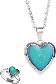 [swqfzki] 2Pcs Temperature Color Changing Mood Rings and Mood Necklace Turtle Heart-shaped Cross Butterfly Star and Moon Retro Oval Pendant Necklace