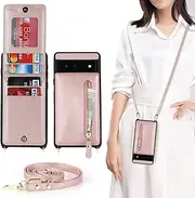 Cavor Vertical Flip Cover for Google Pixel 6 Leather Case 6.4'' Crossbody Wallet Card Slots with 360°Rotation Ring Holder Kickstand & Long Shoulder Lanyard Strap-Rose
