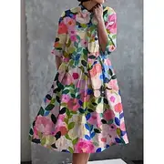 Women's Midi Dress A Line Dress Summer Dress Vacation Casual Beach Daily Date Tea Party Floral Graphic Half Sleeve Lapel Pink Purple Orange Green Summer Spring