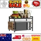 Extendable 2-Tier Microwave Oven Rack, Adjustable Kitchen Counter Shelf w/ Hooks