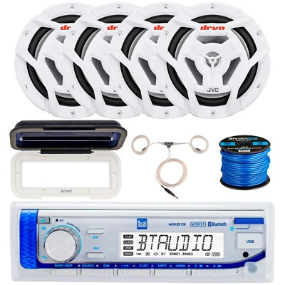 Dual Bluetooth Stereo Receiver, 4x 6.5" 150W Marine Speaker, Cover, Wire,Antenna