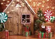 7X5ft Christmas Photo Backdrop Christmas Wooden House Candy Tree 7x5ft