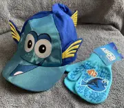 Disney Finding Dory Kids Shiny Hat 3D Dory Fishface Baseball Cap & Mittens NWT