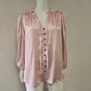 DKNY Size S Blouse Top Pink Button Front Satin Neck Tie Long Sleeve Ruffle NWT
