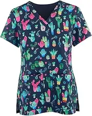 Scrub Top Women, Fashion Printed Polyester V Neck Womens Scrub Top with Short Sleeves, Nurse Tunic Scrub Top with Pockets for Daily Wearing