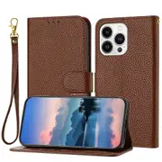 For iphone 14 pro max Case, Litchi Grain PU Leather Folio Cover Magnetic Closure Flip Wallet Card Slots Stand Case With Hand Strap,Brown - Red