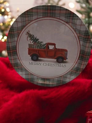12" Tray ~Merry Christmas Truck Round Plaid Tin Holiday Serving Platter New