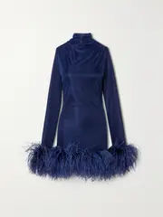 [16ARLINGTON] 16ARLINGTON - Luna Feather-trimmed Stretch-jersey Turtleneck Mini Dress - Navy - UK 14 UK 14 Blue