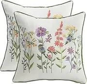 Tosleo Embroidered Throw Pillow Covers 18x18 Set of 2, Flowers Pillow Cushion Cases, Modern Decorative Square Pillowcases for Sofa Couch Bedroom Living Room Car（Birds & Flowers）
