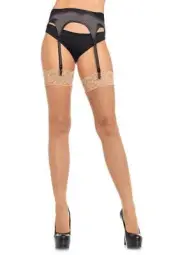 Leg Avenue 9023Q Plus Size tall NUDE fishnet thigh highs lace top Nylon tights