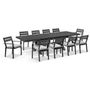 Austin Outdoor 2.2m - 3m Extension Aluminium Table with 10 Santorini Dining Chairs Charcoal - Textured Olefin Grey