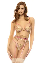 Mapale by Espiral Garden Blush 3 Piece Embroidered Lace Bra Set with Garter Belt & G-String