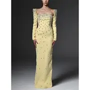 Mermaid / Trumpet High Fashion Yellow Dress Elegant Dress Formal Wedding Floor Length Semi Formal Long Sleeve Square Neck Crepe Center Back Slit with Crystal 2